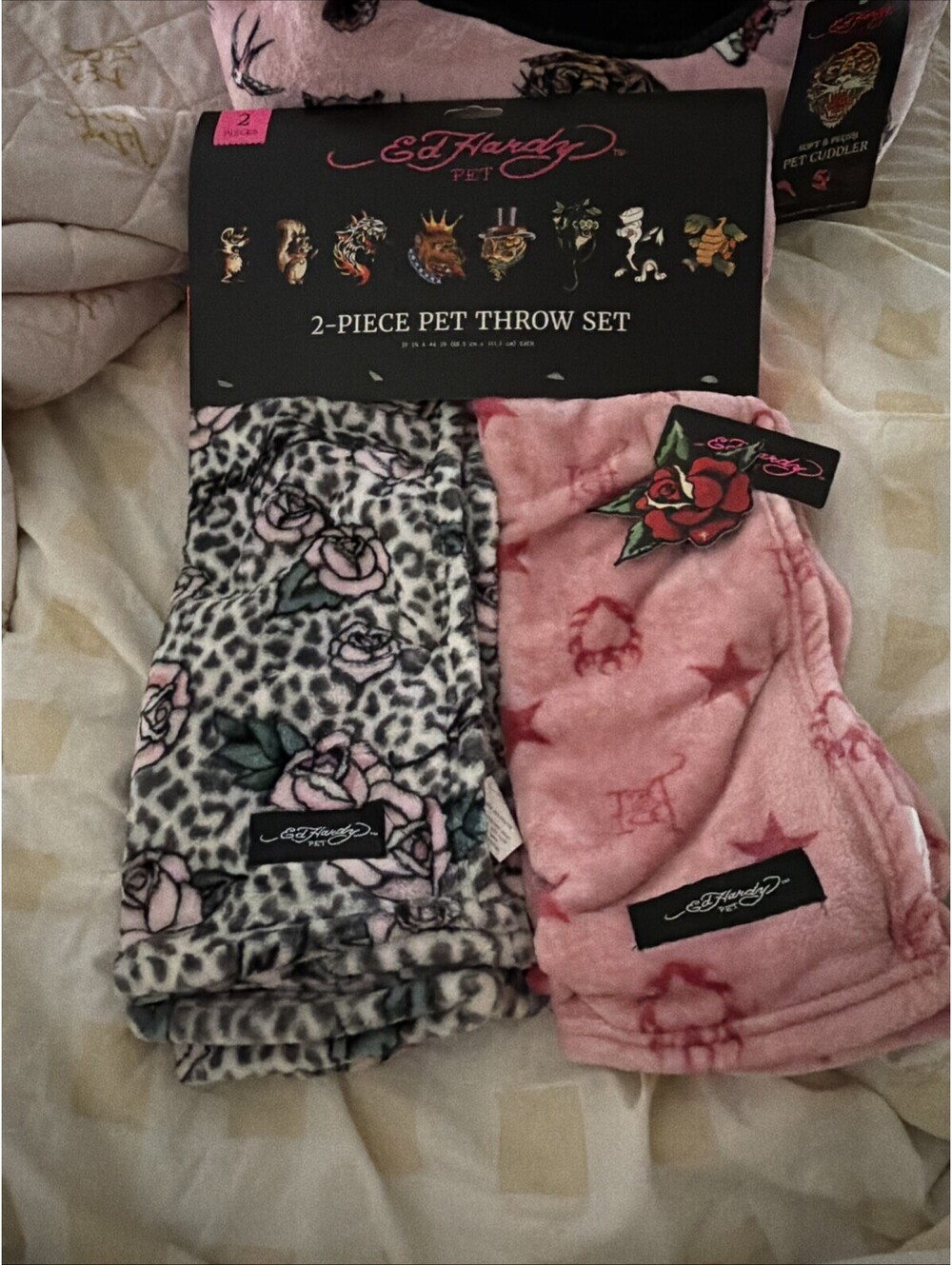 Ed Hardy 2pc Pet Throw Set Leopard Print & Pink Burning Heart 27x44 NWT